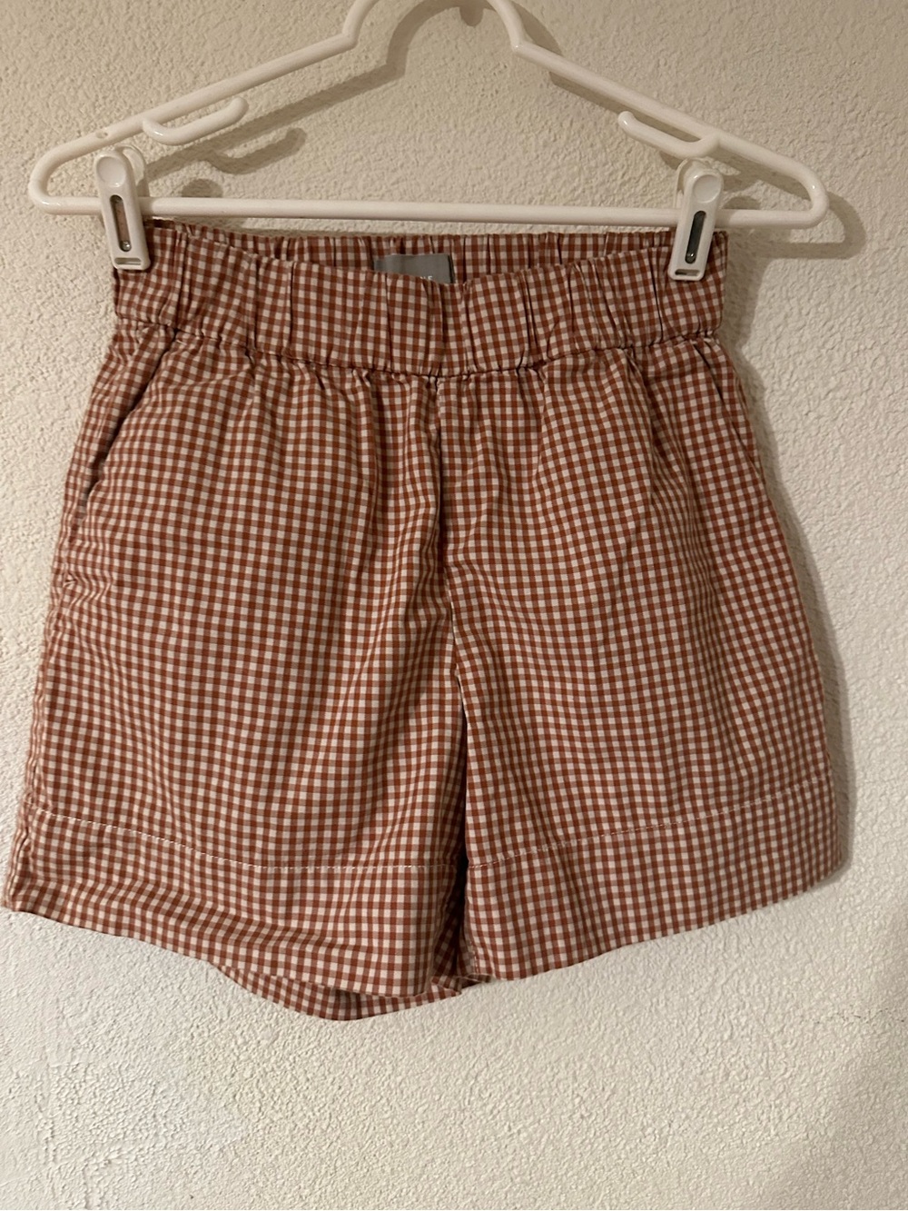 Everlane Easy Gingham Short Women Rust/White Organic Cotton Elastic Waist Size 2